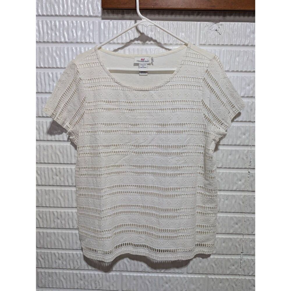 Vineyard Vines Women's White Scoop Neck Short-Sleeve Open Weave T-Shirt Size M